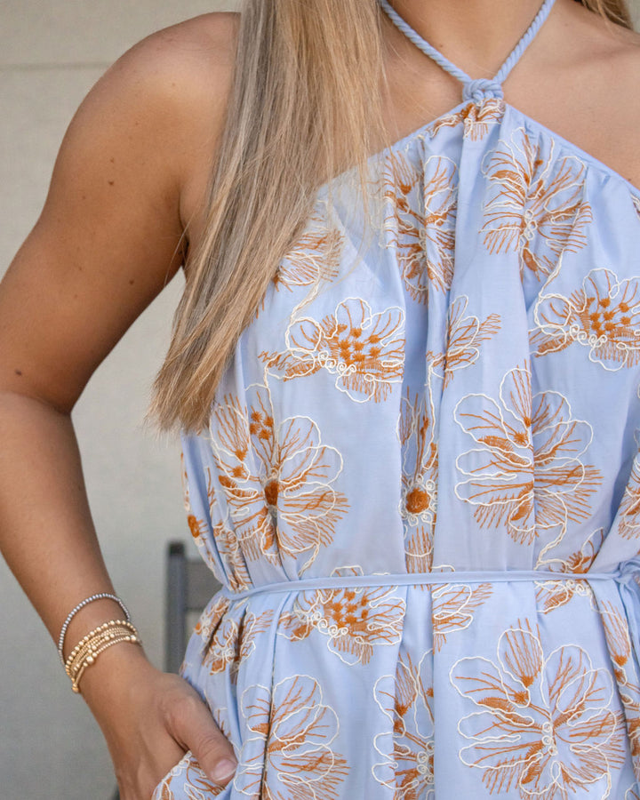 Lacey Floral Halter Mini Dress-Blue