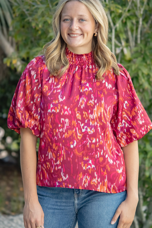 Staci Puff Sleeve Top-Burgundy
