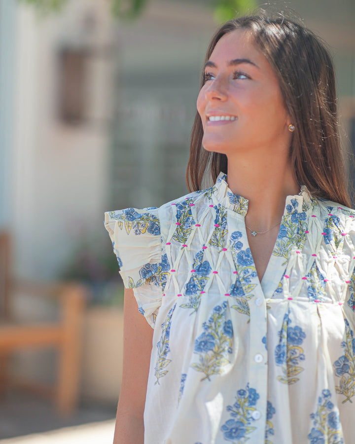 Sonya Floral Flutter Sleeve Top-Cream