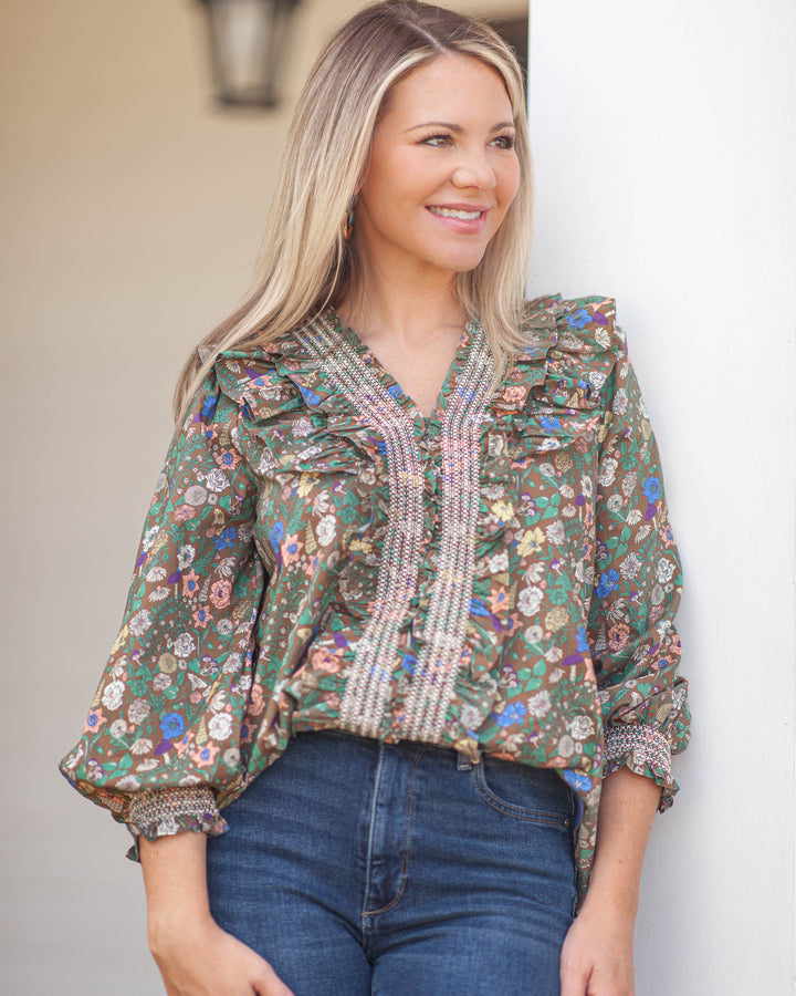 Abby Floral Ruffled Top-Brown