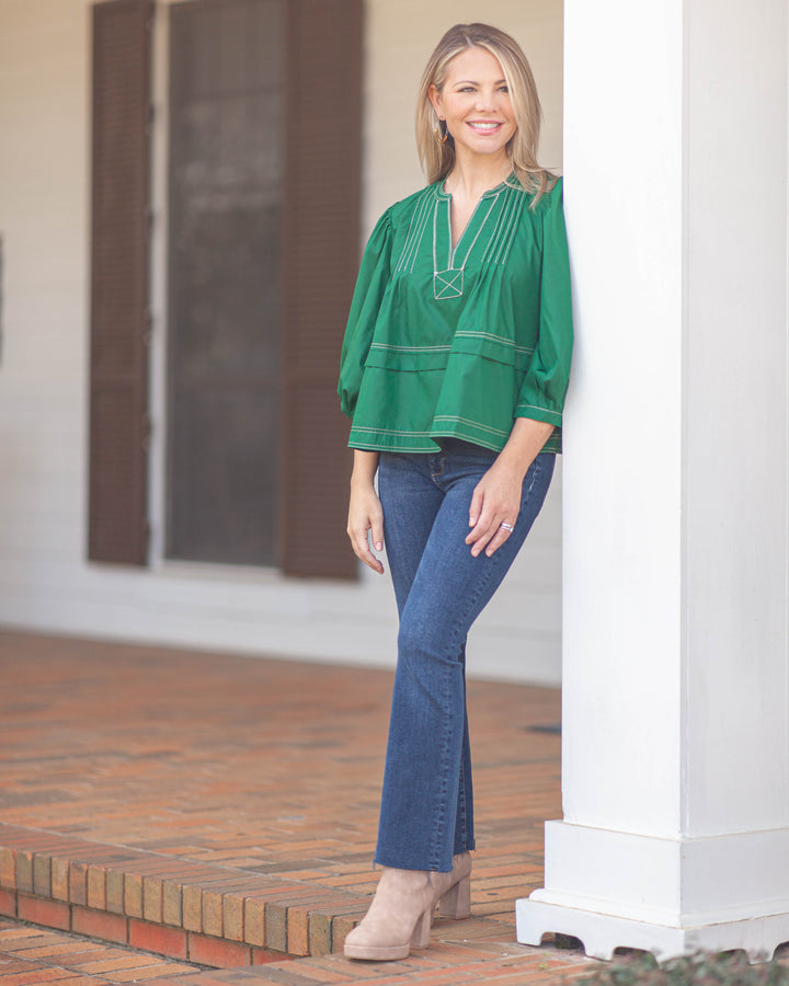 Blair Contrast Stitch Top-Hunter Green