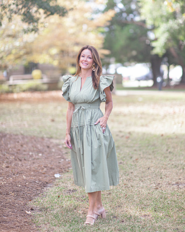 Karson Flutter Sleeve Dress-Olive