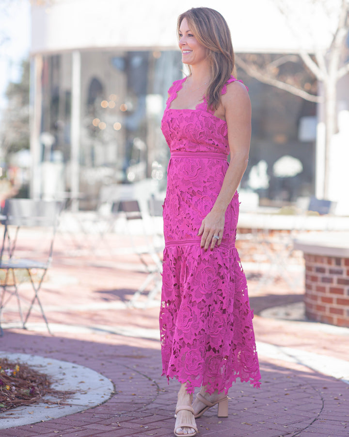 Karia Lace Midi Dress-Pink