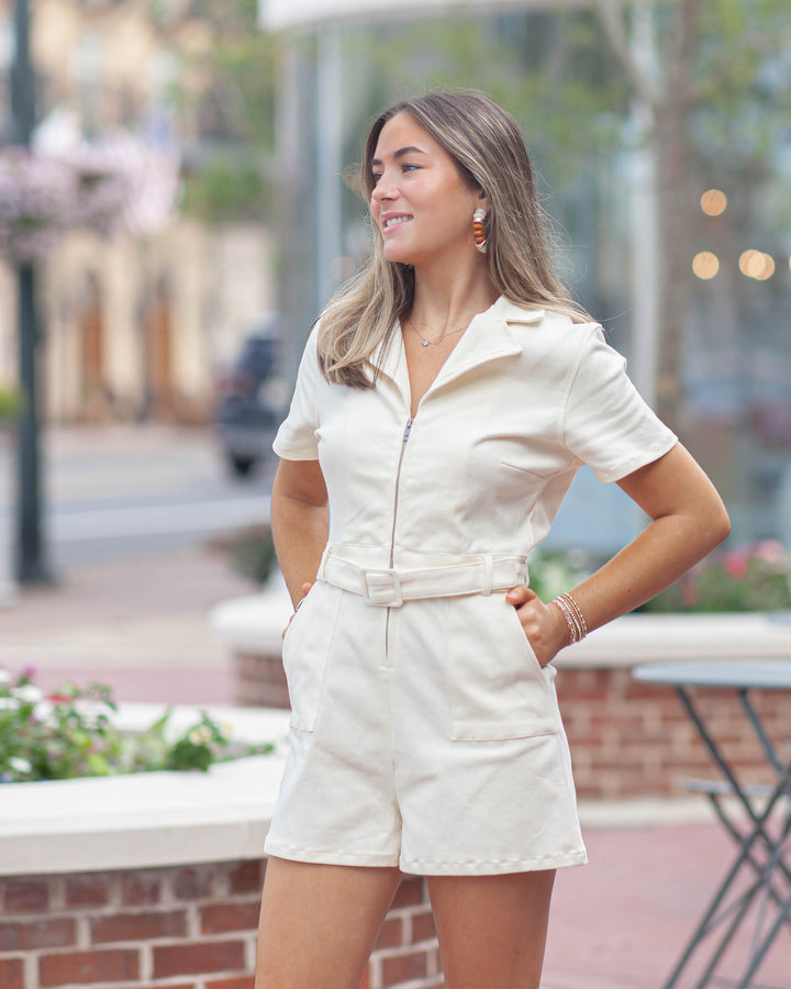 Live Happy Romper w/ Belt-Ivory