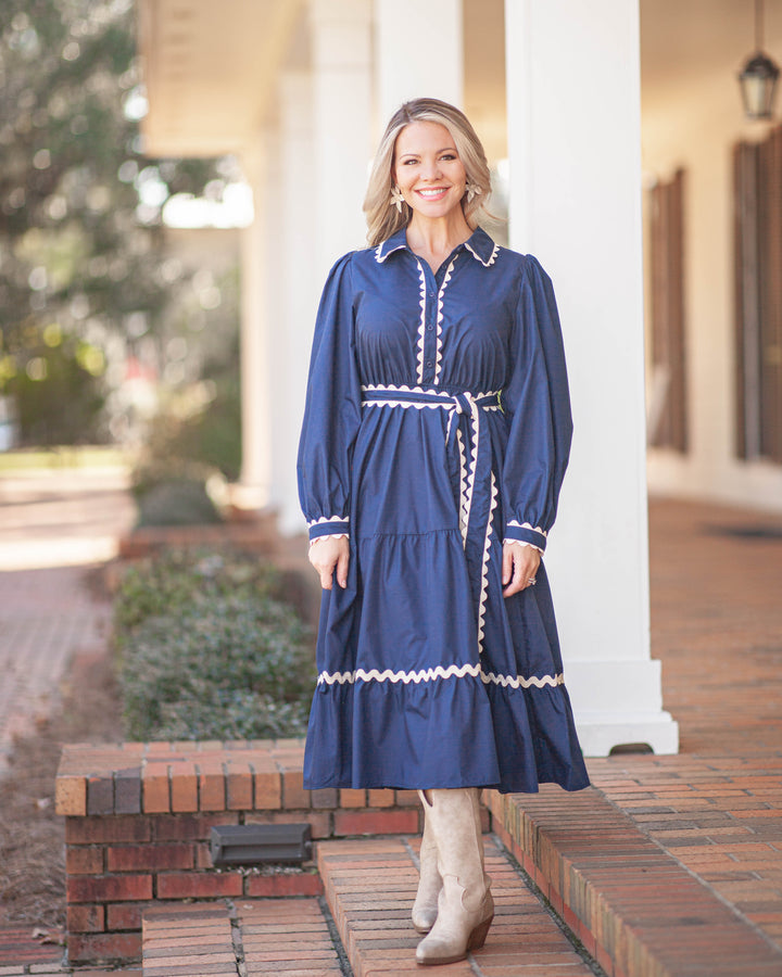 Nicole Belted Midi Dress-Navy