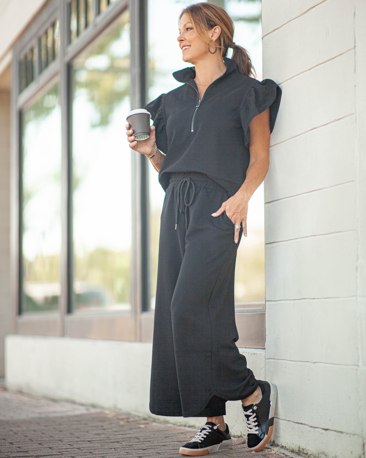 Rory Ribbed Ruffle Sleeve Top-Black