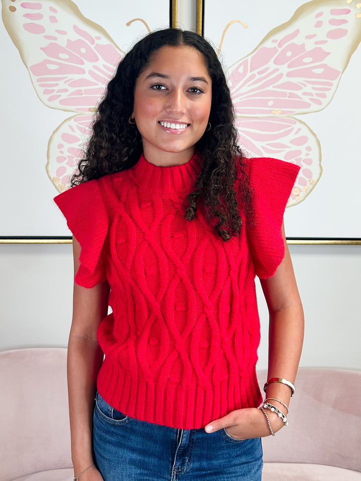 Tatum Flutter Sleeve Knit Sweater-Red